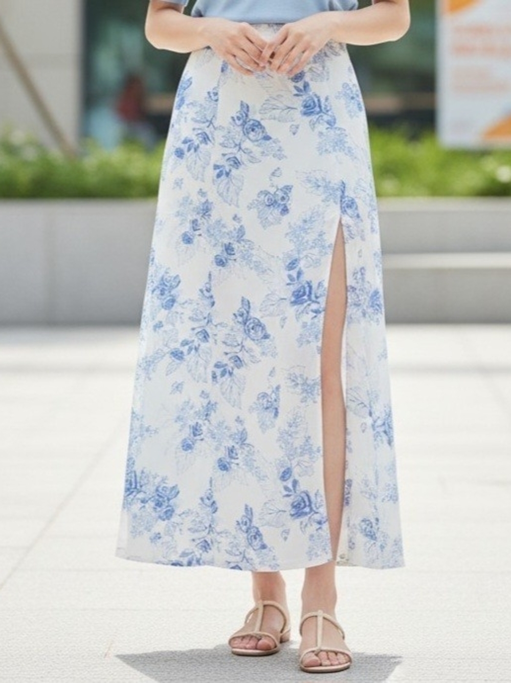 Dynamite White Maxi Skirt with Blue Floral Print and Side Slit